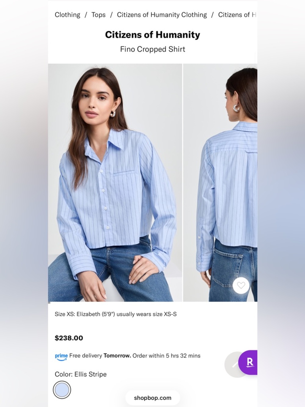 Citizens of Humanity Cropped Blue Pinstripe Button-Up Shirt, XS